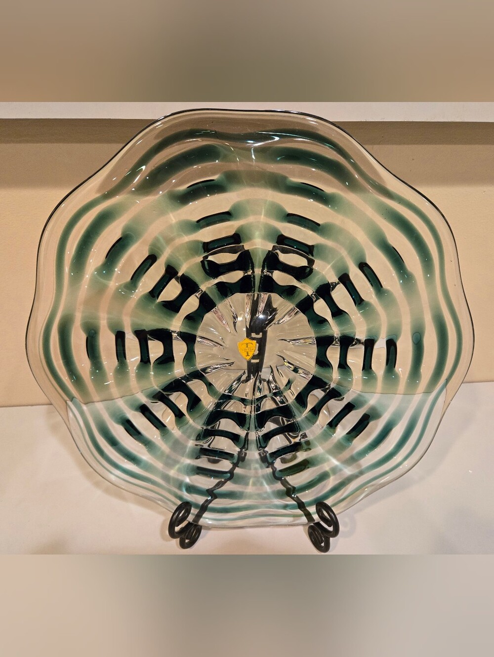Rare Vintage Tiffin Hand Blown Art Glass Plate Wavey Green And Clear - Home Art